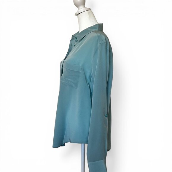 ANN TAYLOR Silk Blouse M Cornflower Blue Roll Tab Sleeve Chic Career Workwear - Picture 4 of 11